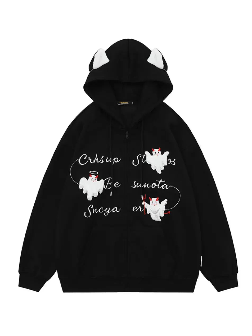 Devil Horn Ghost Prints Zip Up Hoodie