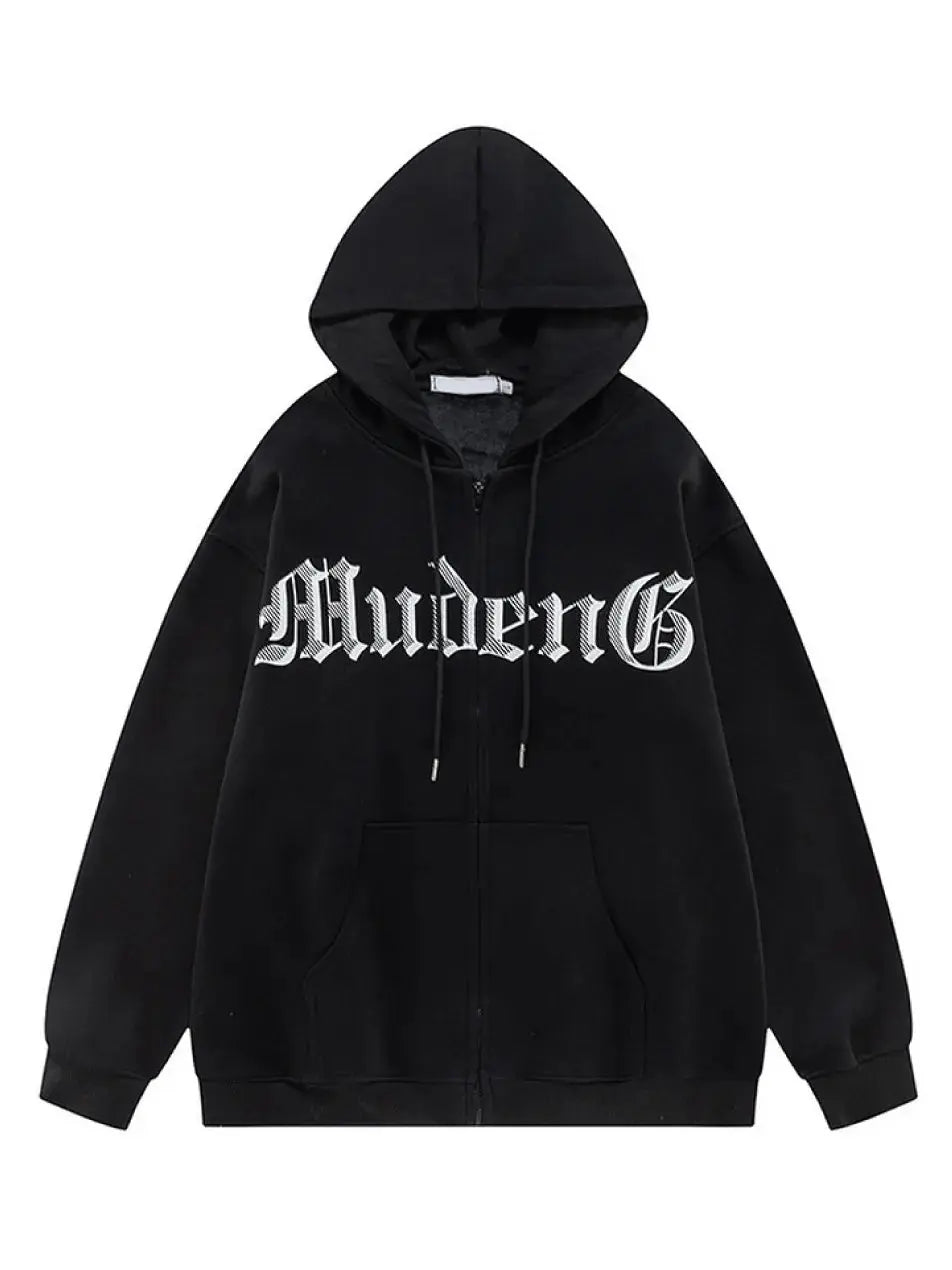 Gothic Letter Prints Zip Up Hoodie