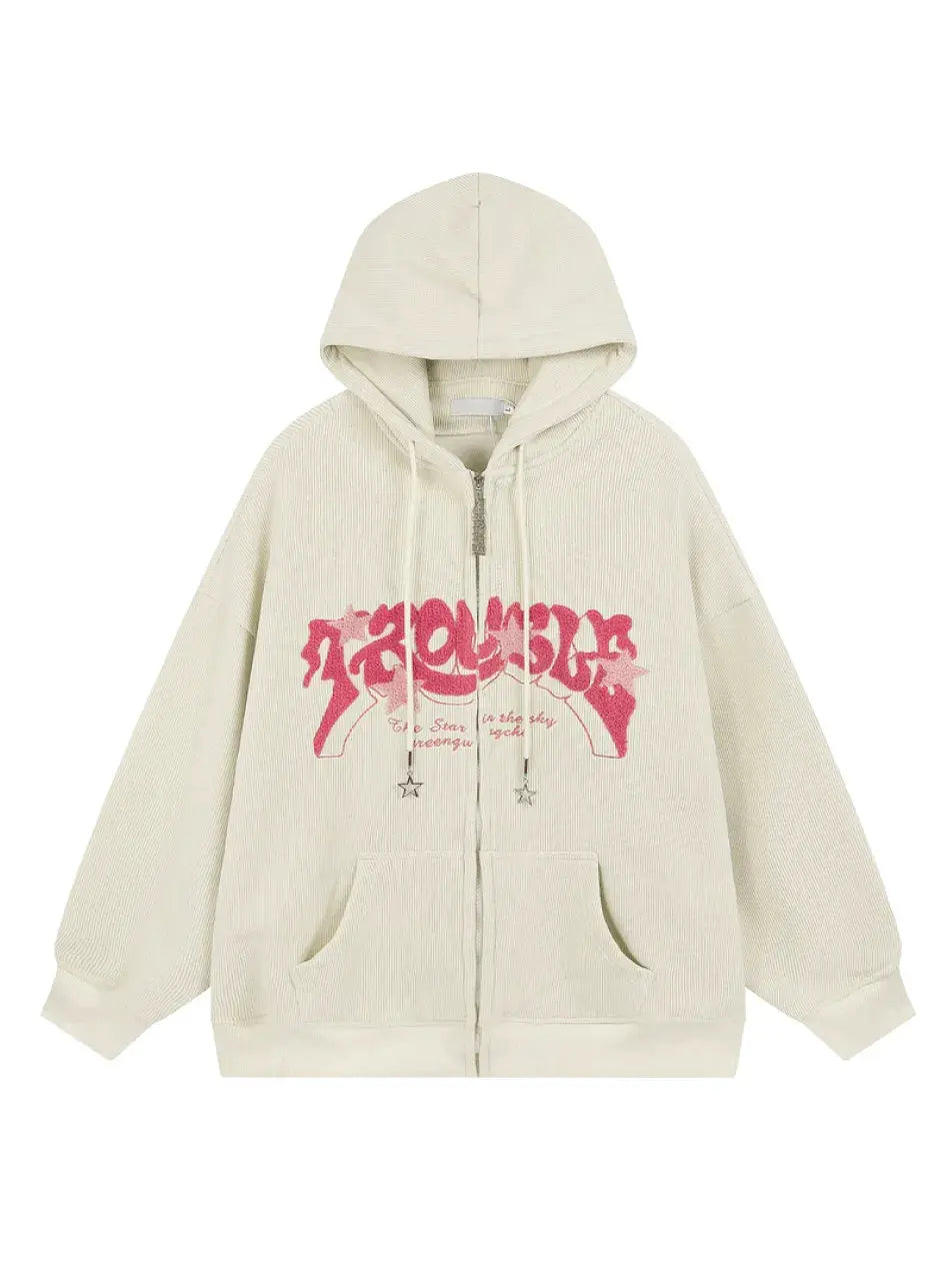 Letter Prints Corduroy Zip Up Hoodie