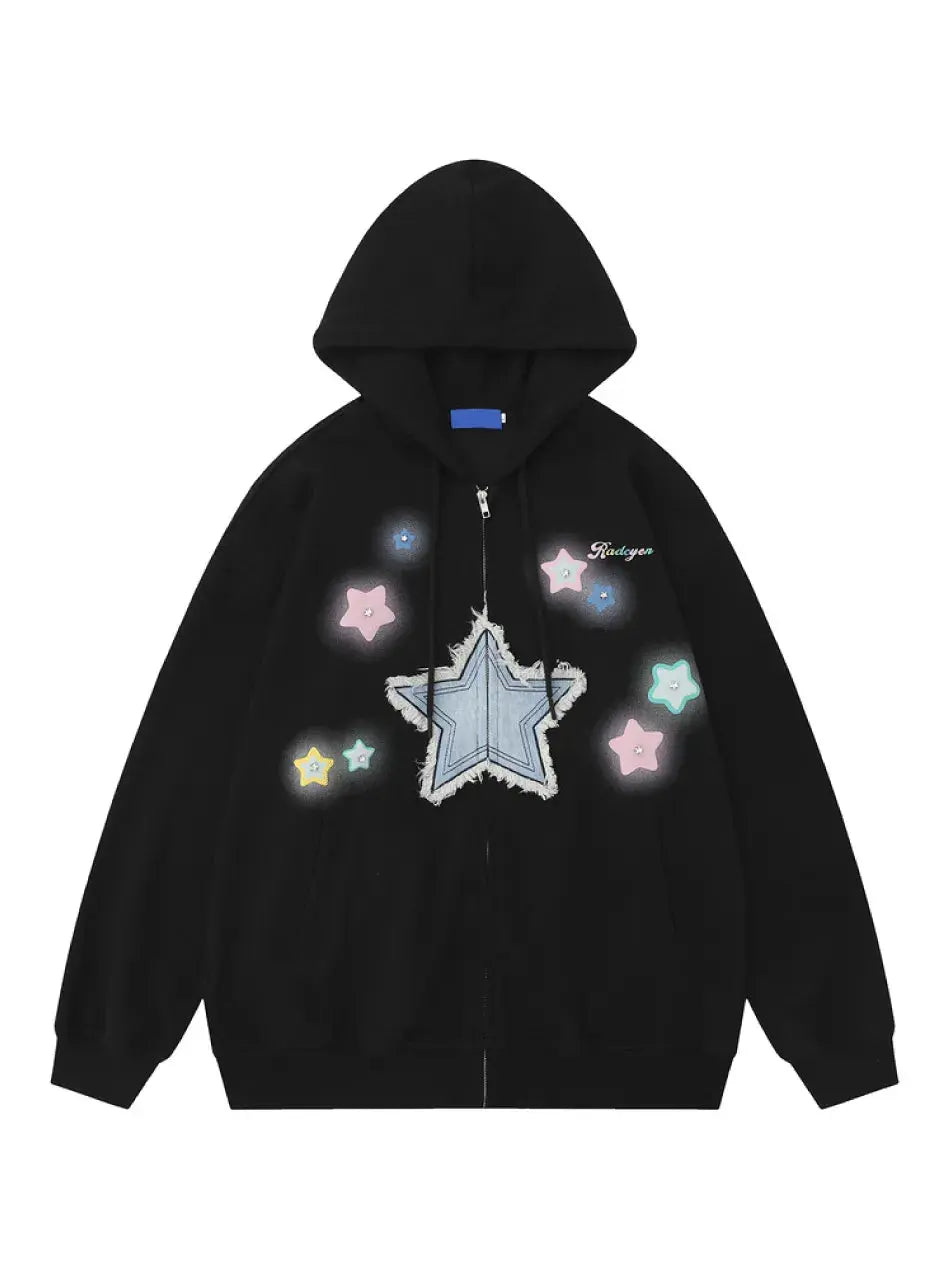 Y2K Star Graphic Zip Up Hoodie