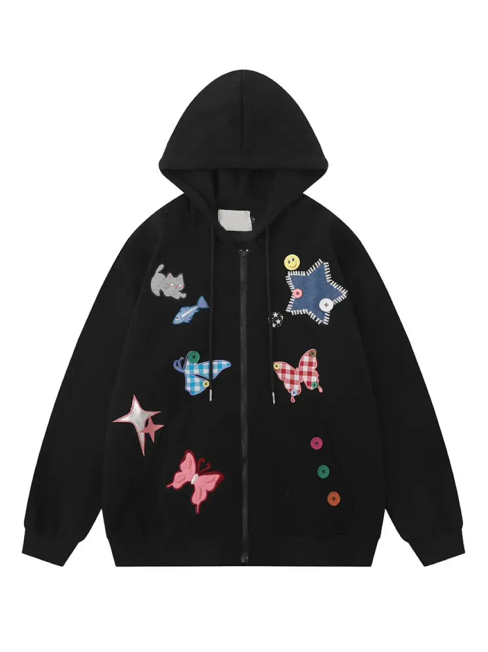 Cute Star Butterfly Buttons Zip Up Hoodie