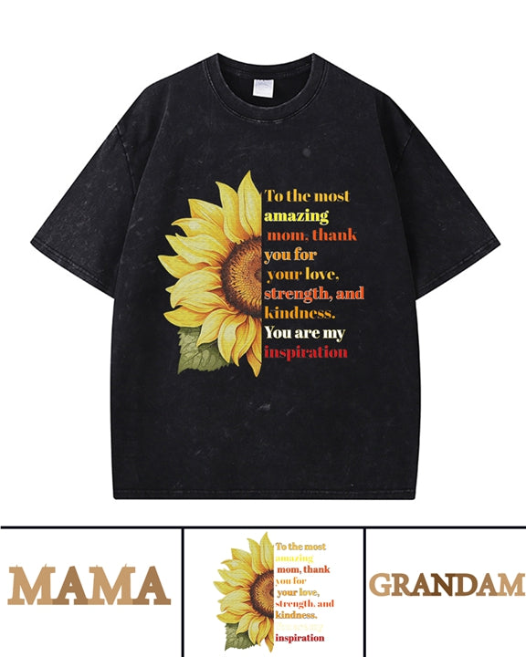 270g Sunflower Grandma Letter Printed Wash Old Cotton T-shirt Emma Bridess